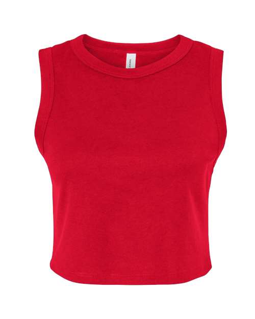 BELLA+CANVAS muscle crop tank on model showing the drop armhole and cropped printable area