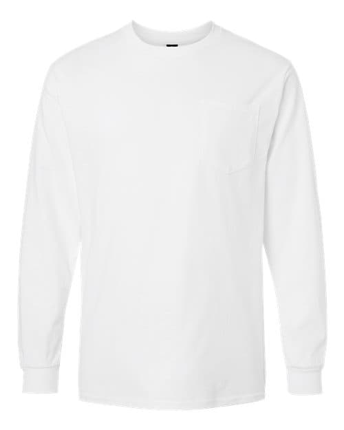 Gildan long sleeve pocket tee 2410 in White, wholesale blank apparel colorway