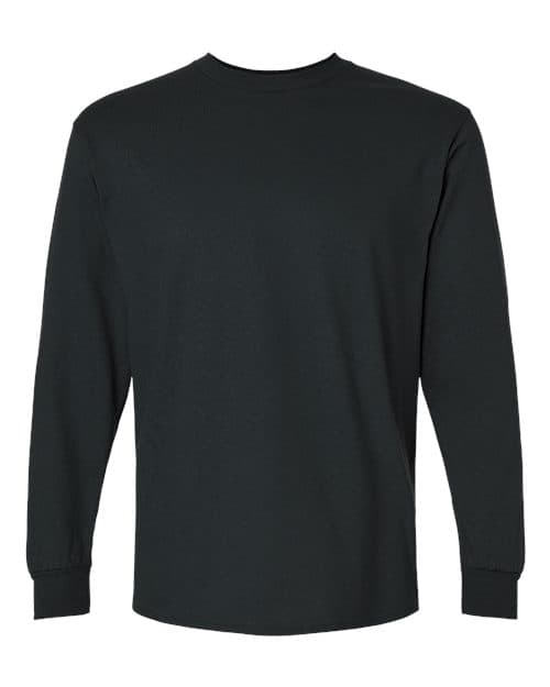 Gildan 2400 Ultra Cotton long sleeve tee on model, 6 oz heavyweight cotton with ribbed cuffs