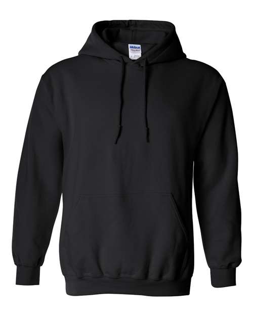 Gildan 18500 Heavy Blend hoodie — a stable, heavyweight blank that hoops cleanly for embroidery