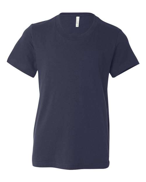 BELLA+CANVAS 3001Y youth tee on model, premium ring-spun youth blank matching adult 3001 colors