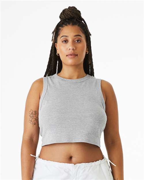 BELLA+CANVAS muscle crop tank on model showing the drop armhole and cropped printable area