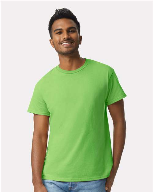 Gildan 2000 Ultra Cotton t-shirt on a model, a 6 oz workhorse blank for screen printing at volume