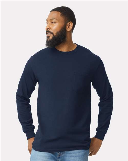 Gildan 2410 long sleeve pocket tee on model, the wholesale pocket blank tradesmen reorder