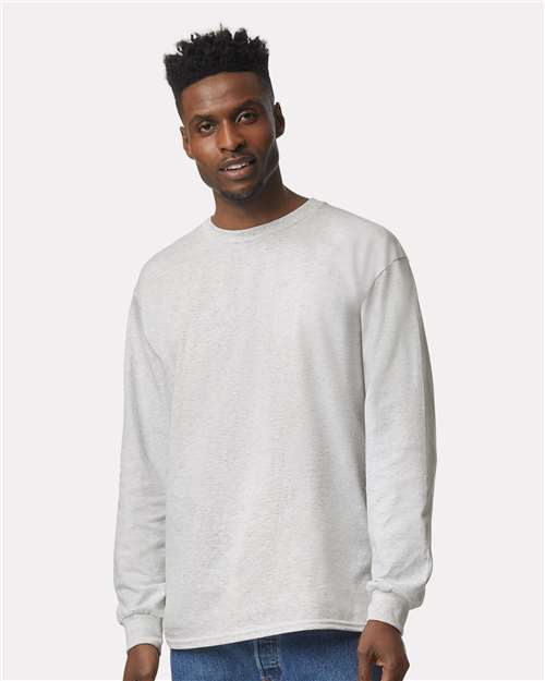 Gildan 2400 Ultra Cotton long sleeve tee on model, 6 oz heavyweight cotton with ribbed cuffs