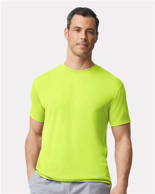 Gildan Performance 42000 in Safety Green, blank wholesale apparel for custom printing
