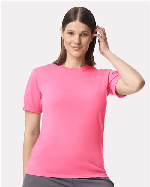 Gildan Performance 42000 in Safety Pink, blank wholesale apparel for custom printing