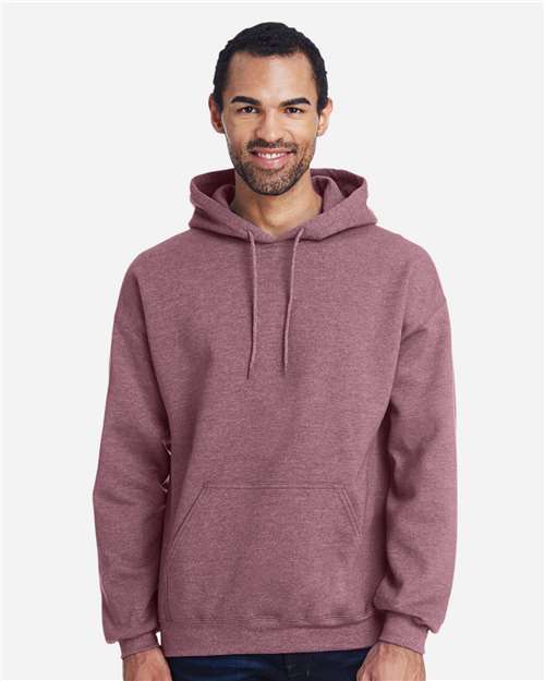 Gildan 18500 Heavy Blend hoodie, an 8 oz fleece blank that resists puckering under dense embroidery