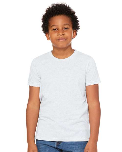 BELLA+CANVAS 3001Y youth t-shirt on a young model for team size runs