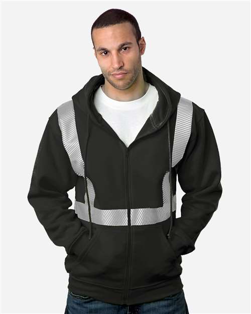 Bayside hi-vis full-zip hoodie with segmented reflective tape, an ANSI-rated safety apparel blank sold wholesale