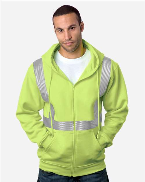 Bayside 3737B hi-vis full-zip hooded sweatshirt in Lime Green with segmented reflective tape on model