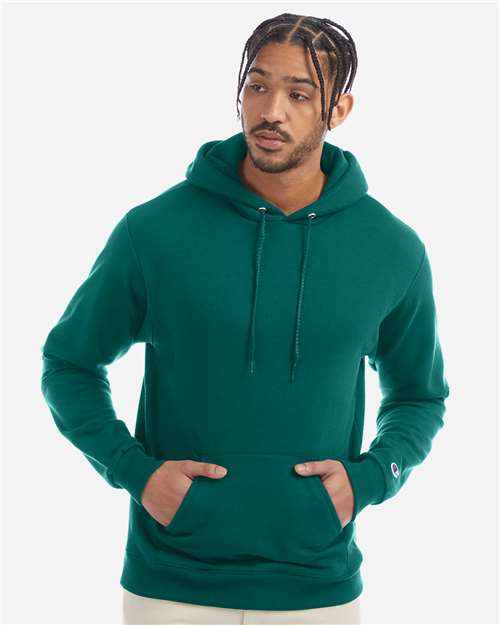 Champion S700 Powerblend hoodie on model, a 9 oz reduced-pill midweight fleece