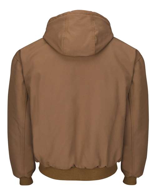Men's Insulated Brown Duck Hooded Jacket with Knit Trim – Back