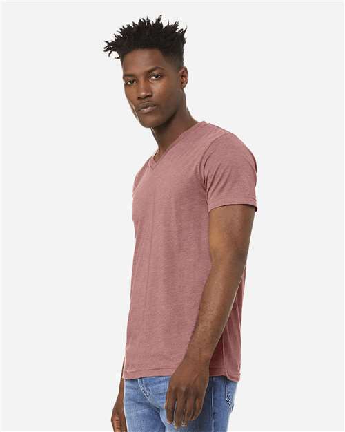 Unisex Heather CVC V-Neck Tee – On Model – Side