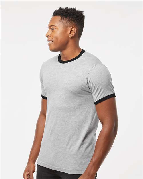 Unisex Fine Jersey Ringer T-Shirt – On Model – Side