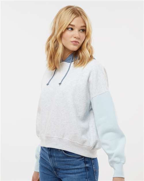 Women's Sueded Fleece Colorblocked Crop Hooded Sweatshirt – On Model – Side