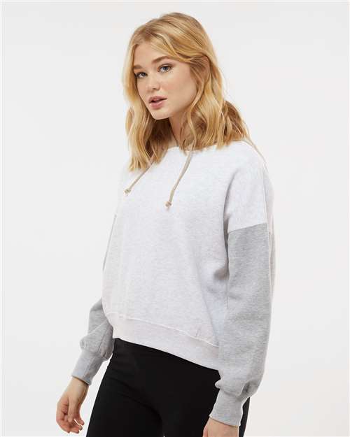 Women's Sueded Fleece Colorblocked Crop Hooded Sweatshirt – On Model – Side
