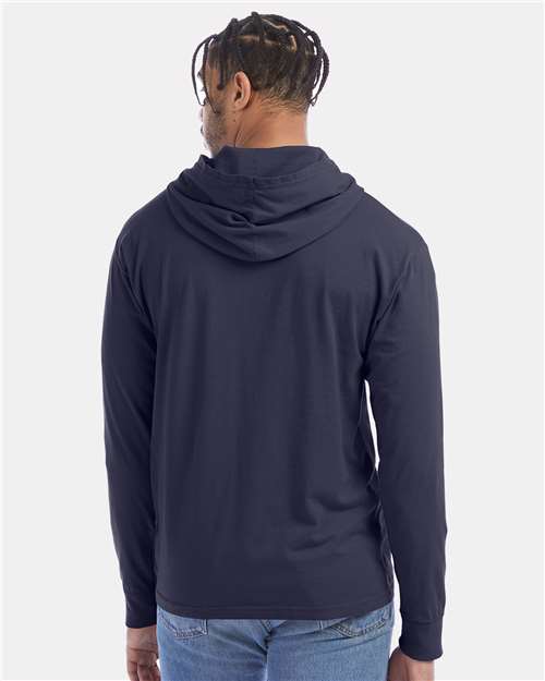 Unisex Garment-Dyed Jersey Hooded Long Sleeve T-Shirt – On Model – Back
