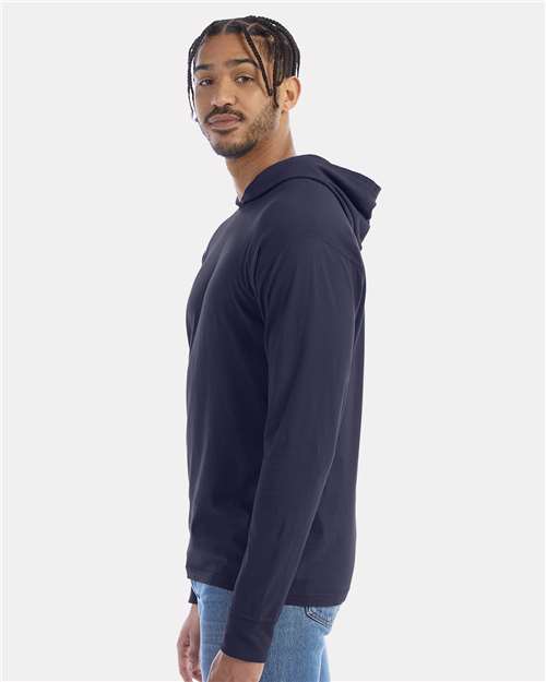 Unisex Garment-Dyed Jersey Hooded Long Sleeve T-Shirt – On Model – Side