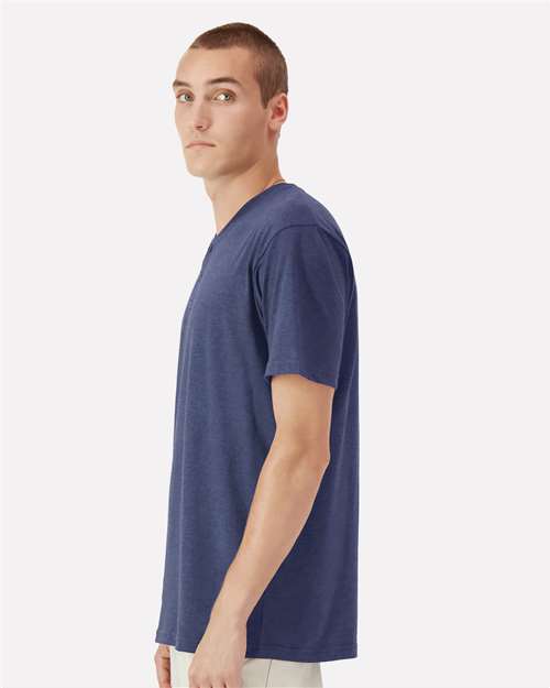 Unisex CVC Henley Tee – On Model – Side