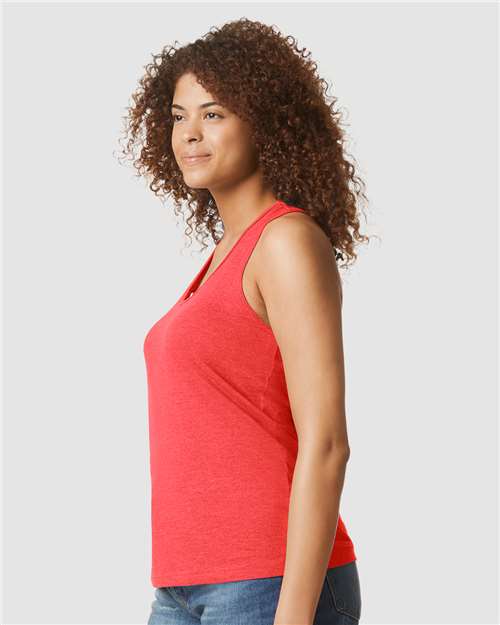 Women's Softstyle® CVC Racerback Tank Top – On Model – Side