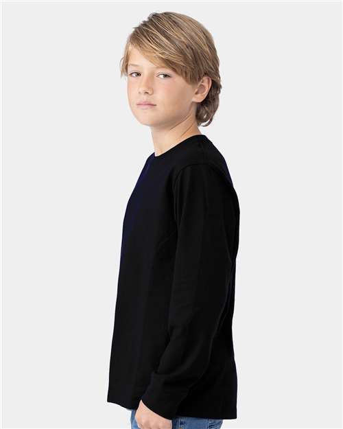 Youth Cotton Long Sleeve Tee – On Model – Side