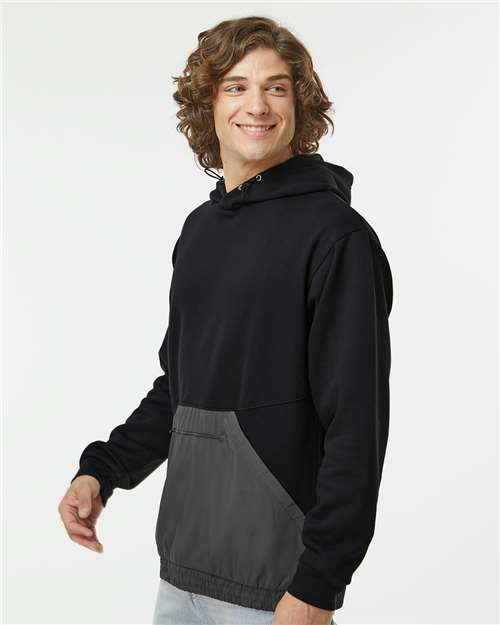 Unisex Mixed Media Hooded Sweatshirt – On Model – Side