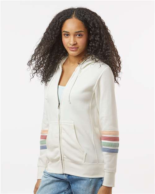 Women's Striped Sleeves Full-Zip Hooded Sweatshirt – On Model – Side
