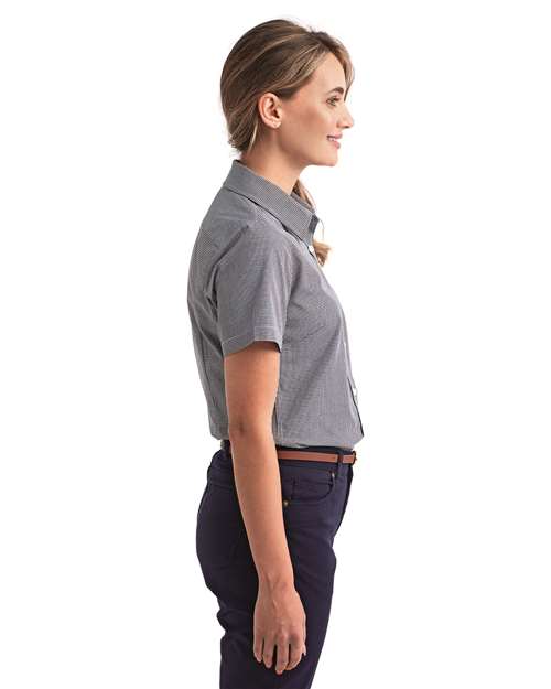 Women's Microcheck Gingham Short Sleeve Cotton Dress Shirt – On Model – Side
