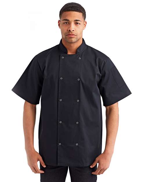 Unisex Ten Studded Front Short Sleeve Chef Coat – On Model