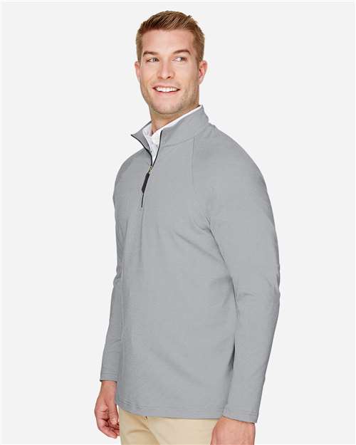 Men's CrownLux Performance® Clubhouse Micro-Stripe Quarter-Zip Pullover – On Model – Side