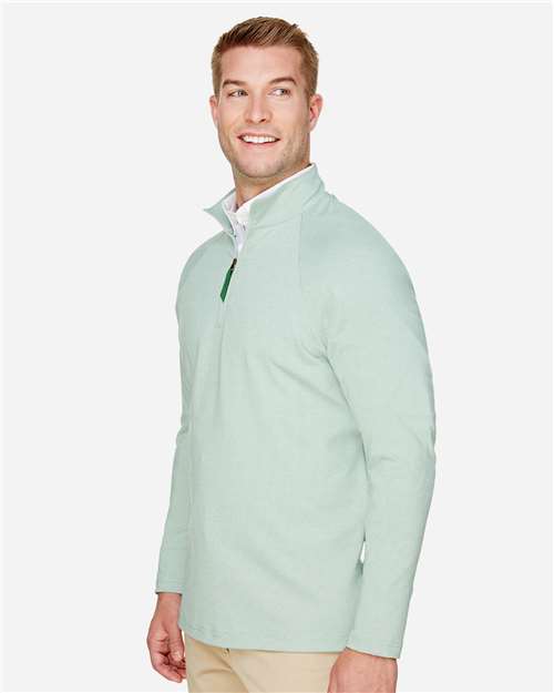 Men's CrownLux Performance® Clubhouse Micro-Stripe Quarter-Zip Pullover – On Model – Side