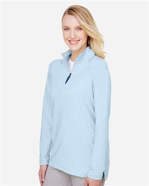Women's CrownLux Performance® Clubhouse Micro-Stripe Quarter-Zip Pullover – On Model – Side