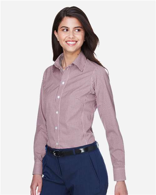 Women's Crown Collection® Gingham Check Woven Dress Shirt – On Model – Side