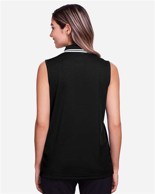 Women's CrownLux Performance® Plaited Tipped Sleeveless Polo – On Model – Back