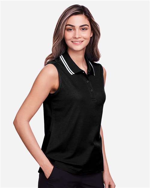 Women's CrownLux Performance® Plaited Tipped Sleeveless Polo – On Model – Side