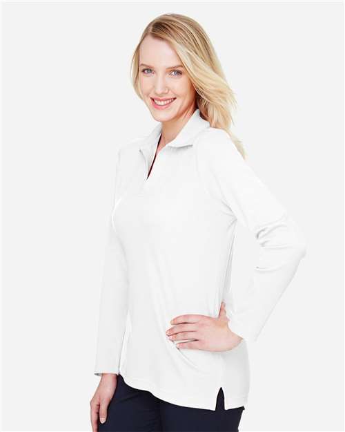 Women's CrownLux Performance® Plaited Long Sleeve Polo – On Model – Side