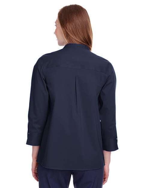 Women's Crown Collection® Stretch Broadcloth Three-Quarter Sleeve Blouse – On Model – Back