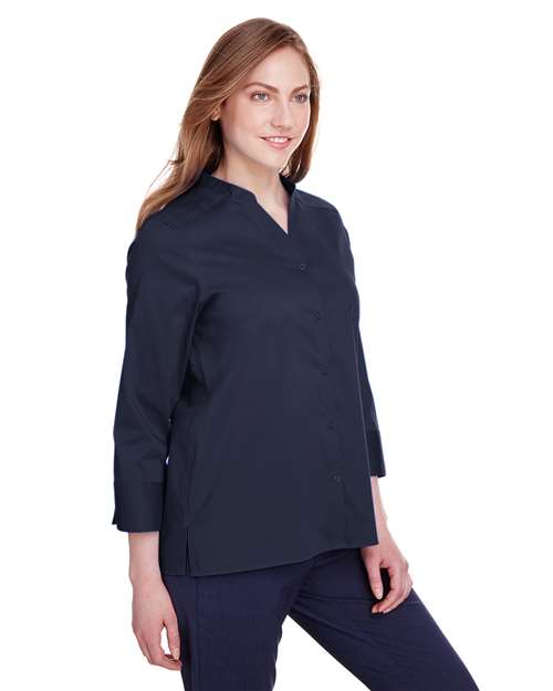 Women's Crown Collection® Stretch Broadcloth Three-Quarter Sleeve Blouse – On Model – Side