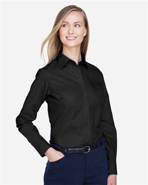 Women's Crown Collection® Broadcloth Woven Dress Shirt – On Model – Side