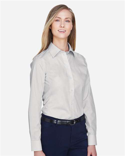 Women's Crown Collection® Broadcloth Woven Dress Shirt – On Model – Side