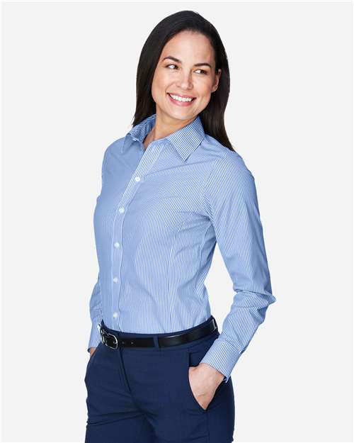 Women's Crown Collection® Banker Stripe Woven Dress Shirt – On Model – Side