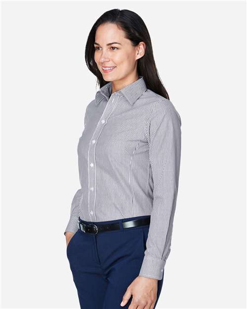 Women's Crown Collection® Banker Stripe Woven Dress Shirt – On Model – Side