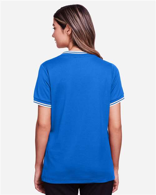 Women's CrownLux Performance® Plaited Tipped V-Neck Shirt – On Model – Back
