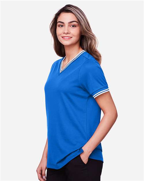 Women's CrownLux Performance® Plaited Tipped V-Neck Shirt – On Model – Side
