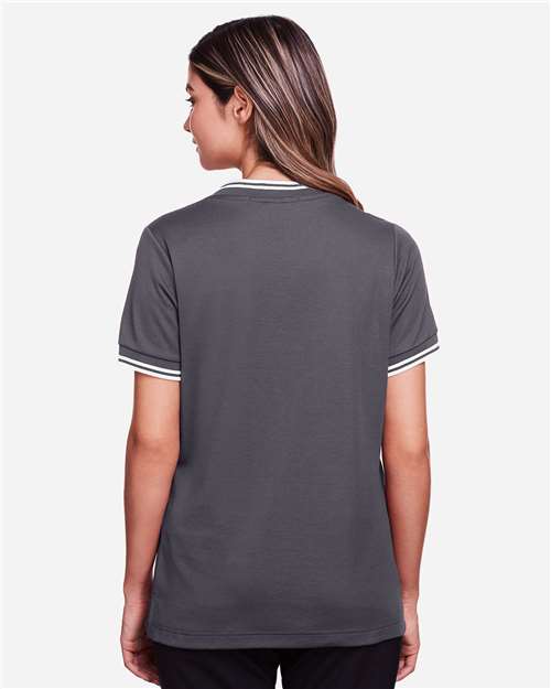 Women's CrownLux Performance® Plaited Tipped V-Neck Shirt – On Model – Back
