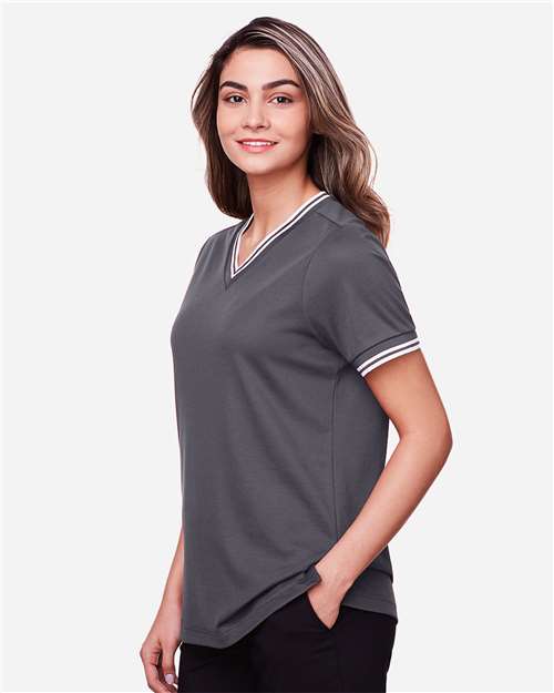Women's CrownLux Performance® Plaited Tipped V-Neck Shirt – On Model – Side