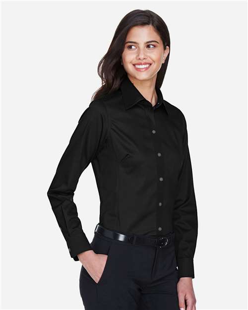 Women's Crown Collection® Solid Stretch Twill Woven Dress Shirt – On Model – Side