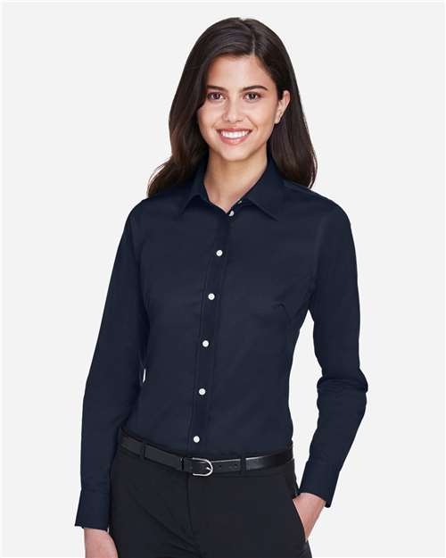 Women's Crown Collection® Solid Stretch Twill Woven Dress Shirt – On Model