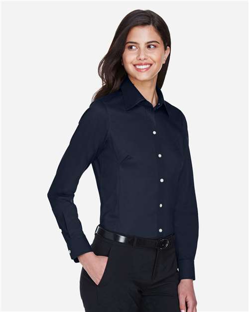 Women's Crown Collection® Solid Stretch Twill Woven Dress Shirt – On Model – Side